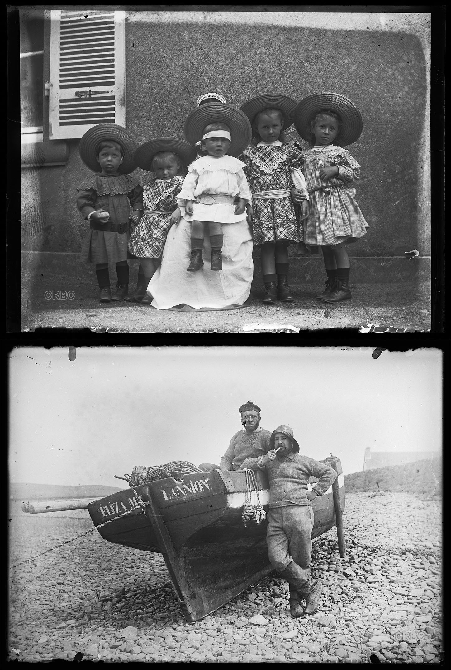 Portraits photographiques d'un groupe d'enfants et de marins et de leur bateau.