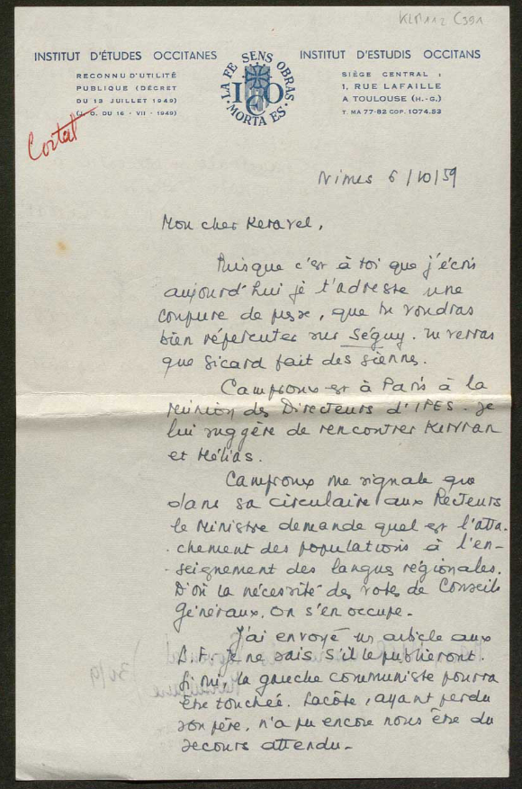 Lettre de Robert Lafont à Armand Keravel en 1959 au sujet des langues régionales.