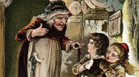 Gravure couleur d'époque de Hansel et Gretel avec la sorcière.