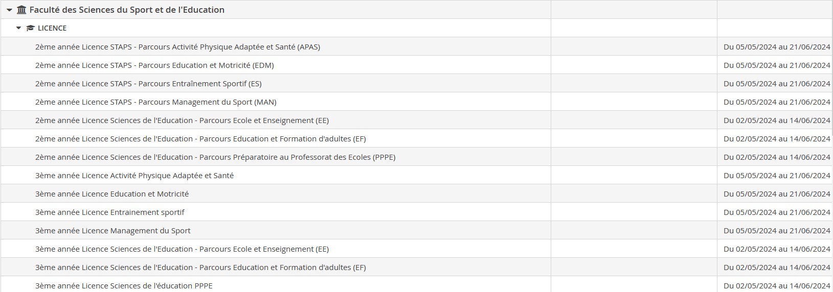 Calendrier eCandidat