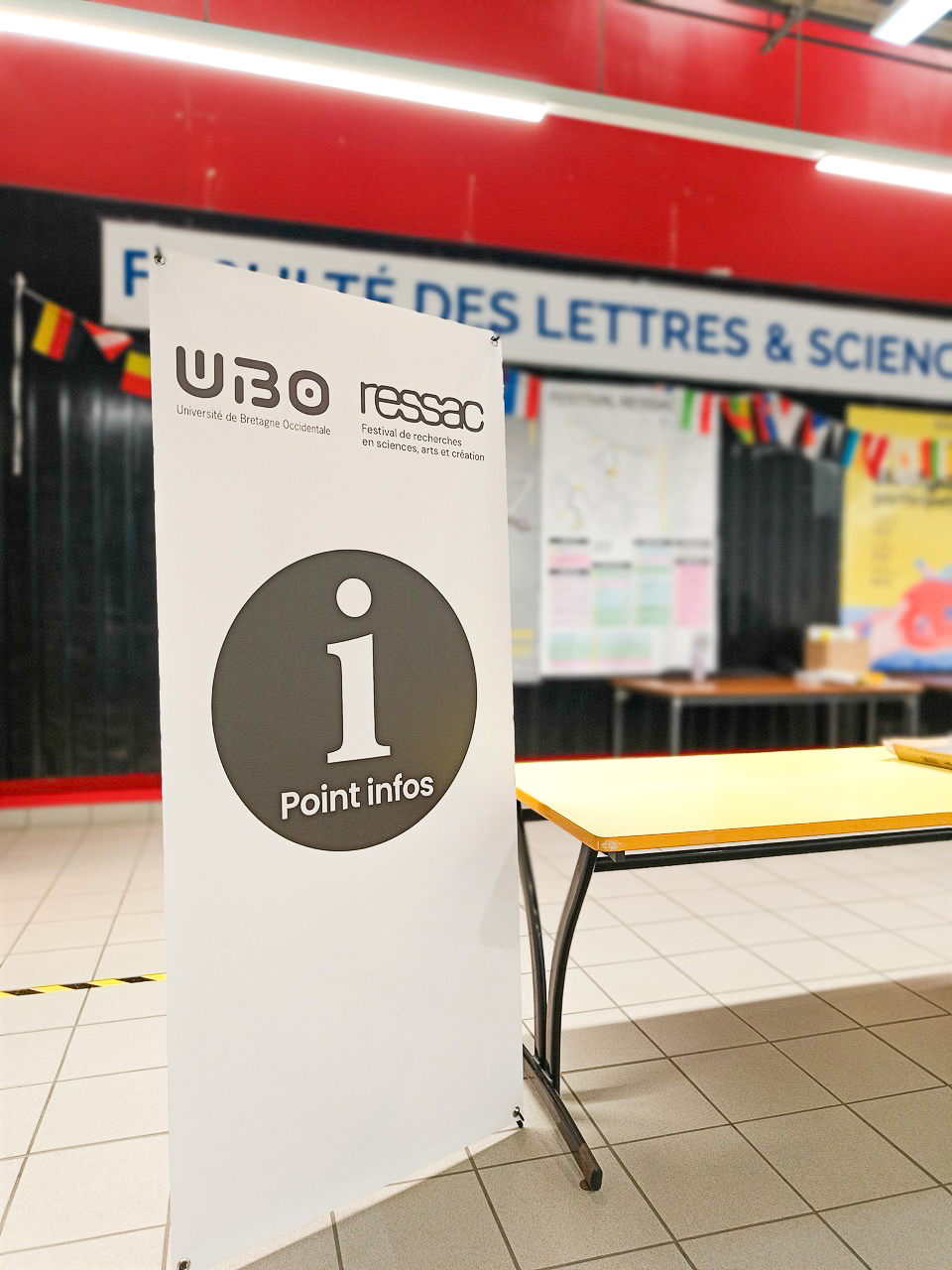 Support grand format avec les logos UBO et RESSAC et un pictogramme Point Infos