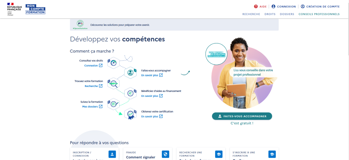 Capture d'écran de la page d'accueil de la plateforme moncompteformation