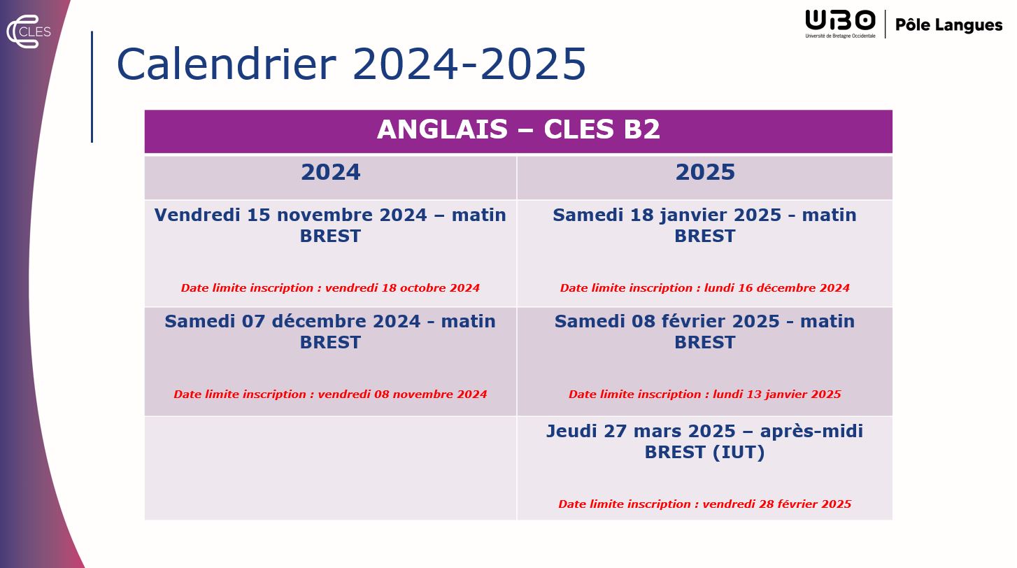 Calendrier CLES anglais