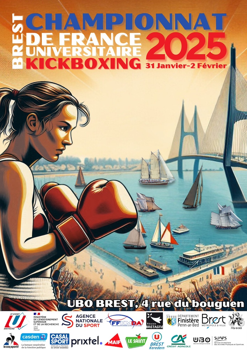 affiche du championnat avec une boxeuse et une vue sur un pont et des bateaux