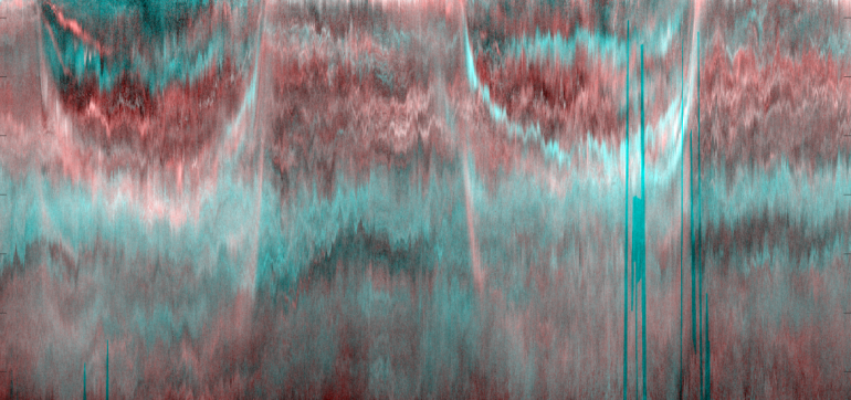 Échogramme acoustique d’une colonne d’eau dans l’océan Atlantique Nord, obtenu lors de la campagne océanographique APERO © Anne Lebourges-Dhaussy et Gildas Roudaut (LEMAR / IRD)